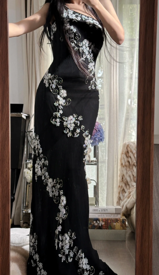 Classy One Shoulder Black Chiffon Beaded Mermaid Long Party Dress Evening Gown D2304