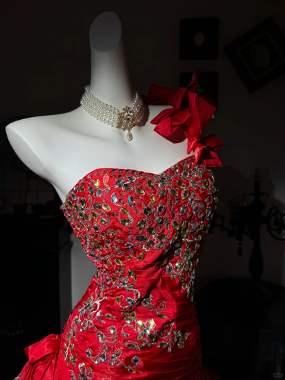 Stylish Red Satin Ruched Beaded Mermaid Party Dress,One Shoulder Long Evening Gown D3733