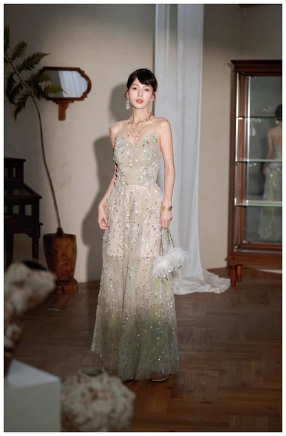 Pretty Spaghetti Straps Green Tulle Appliques A Line Long Birthday Prom Dress Evening Dress D2434
