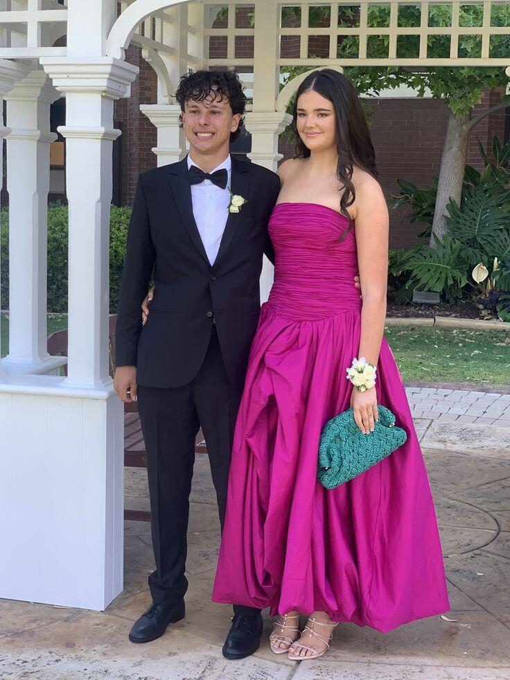 Pretty Strapless Hot Pink Satin Pleated Long Prom Dress Party Gown D3448