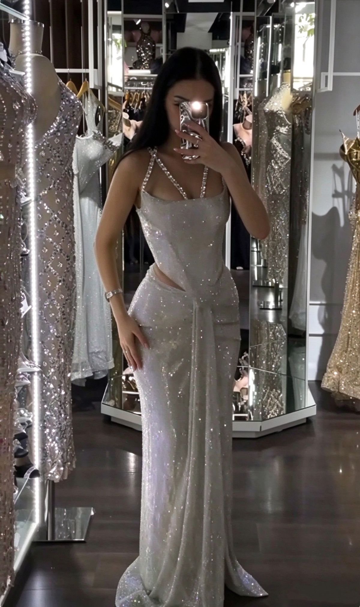 Glamorous Sequin Beaded Mermaid Slit Long Prom Dress Silver Long Party Gown D5123