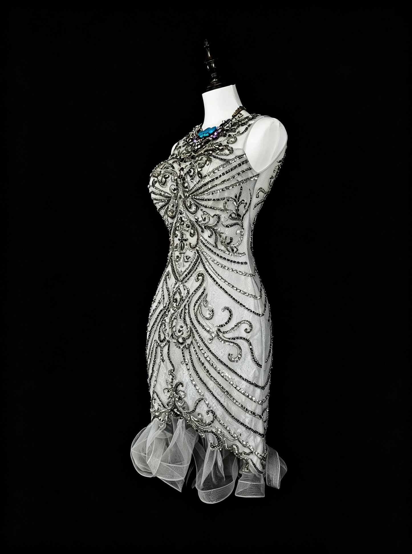 Fashion Silver Sleeveless Tulle Beaded Sheath Short Birthday Outfits,Backless Mini Cocktail Dress D4049