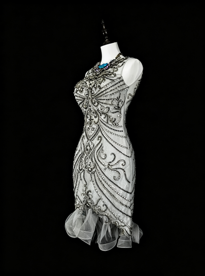 Fashion Silver Sleeveless Tulle Beaded Sheath Short Birthday Outfits,Backless Mini Cocktail Dress D4049