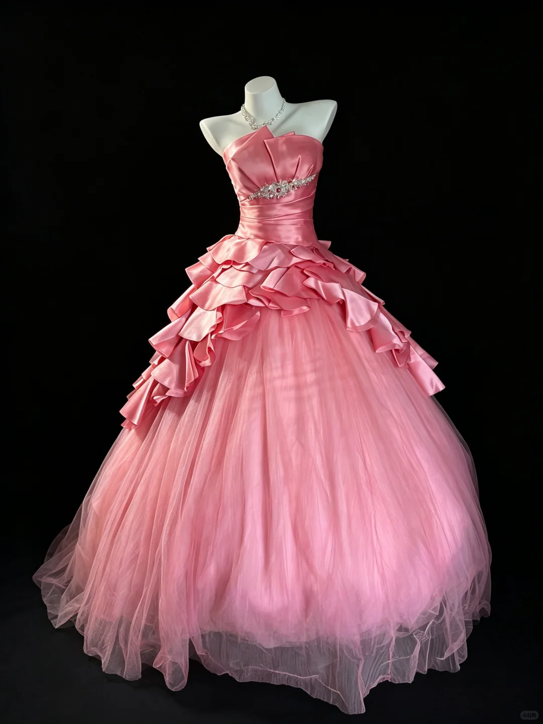 Pretty Strapless Tulle Satin Ruffle Beaded Birthday Quinceanera Dress Pink Sweet 16 Dress D5292