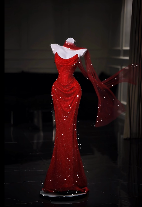 Charming Strapless Red Tulle Sequin Mermaid Long Evening Dress Prom Dresses D5212
