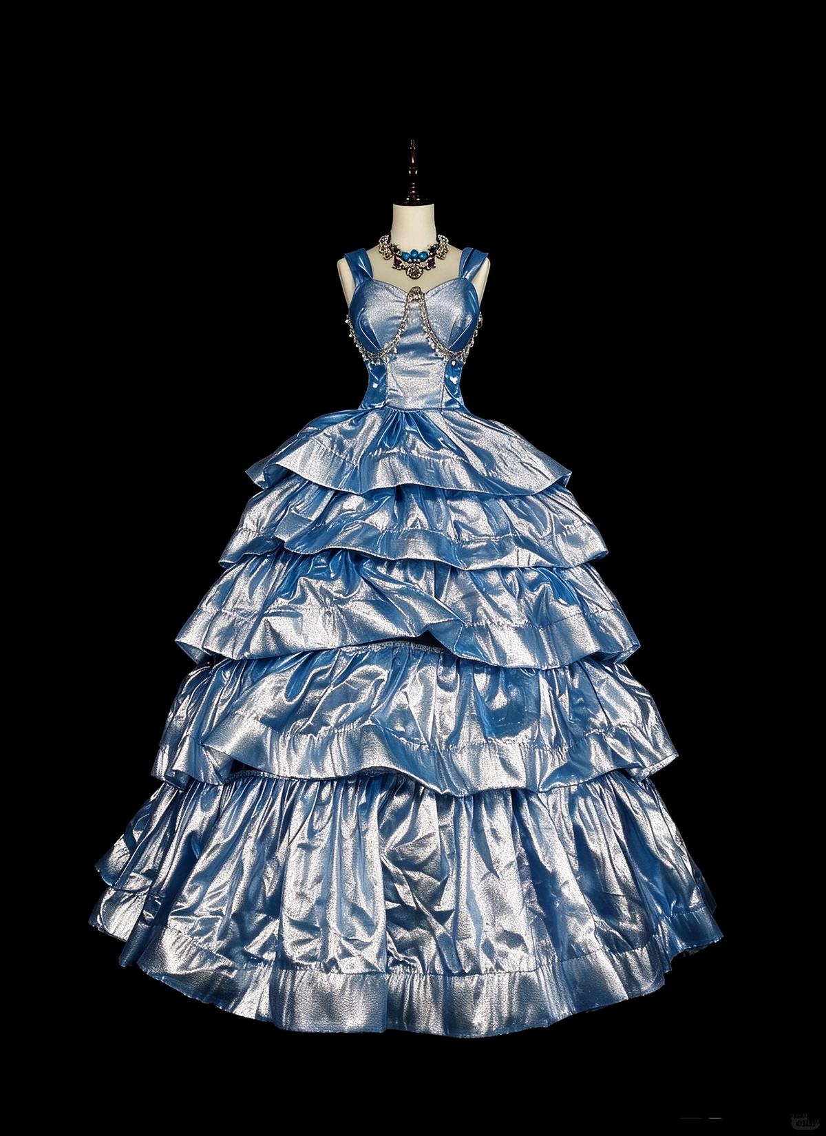 Elegant Blue Beaded Satin Layered Long Evening Dress Party Dress D5379