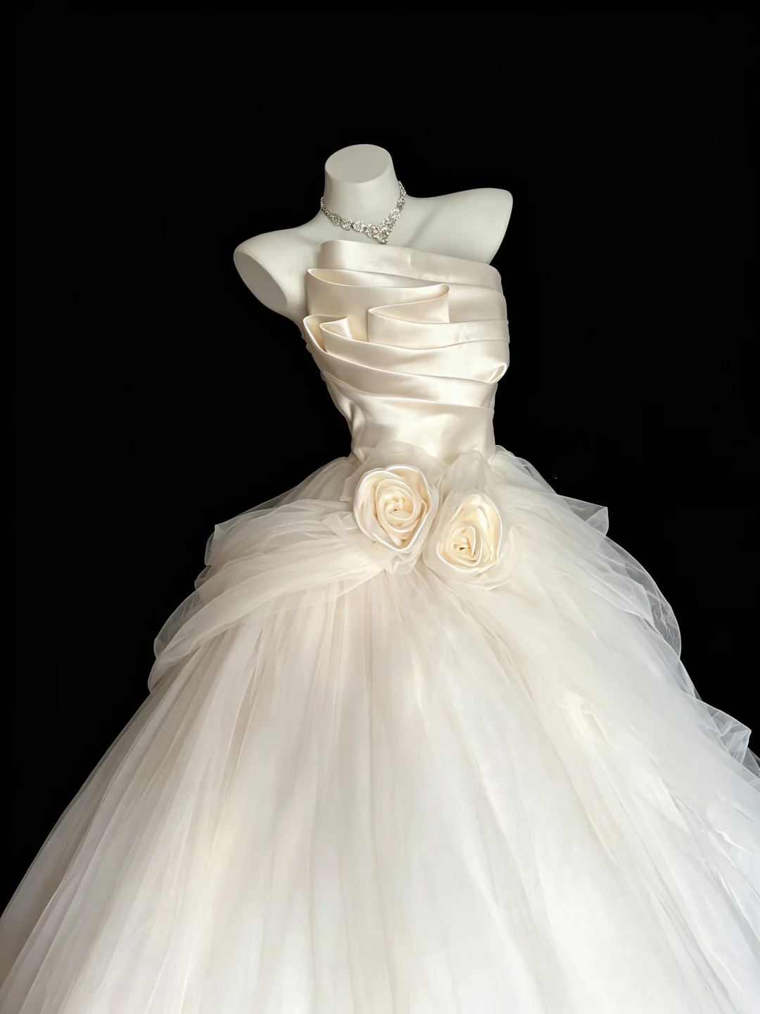 Pretty Strapless White Satin Tulle Long Wedding Dress With 3D Flowers D5281