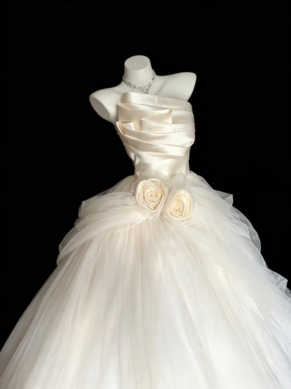 Pretty Strapless White Satin Tulle Long Wedding Dress With 3D Flowers D5281