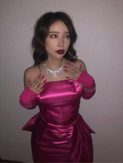 Fashion Hot Pink strapless Satin Short Graduation Homecoming Dress Birthday Outfits With Bow D4433