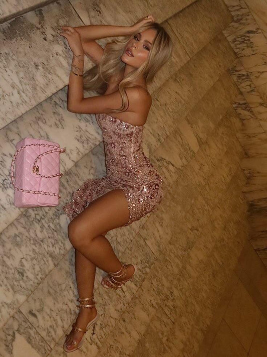 Glamorous Strapless Sequin Slit Mermaid Evening Dress,Pink Long Party Dress D3807