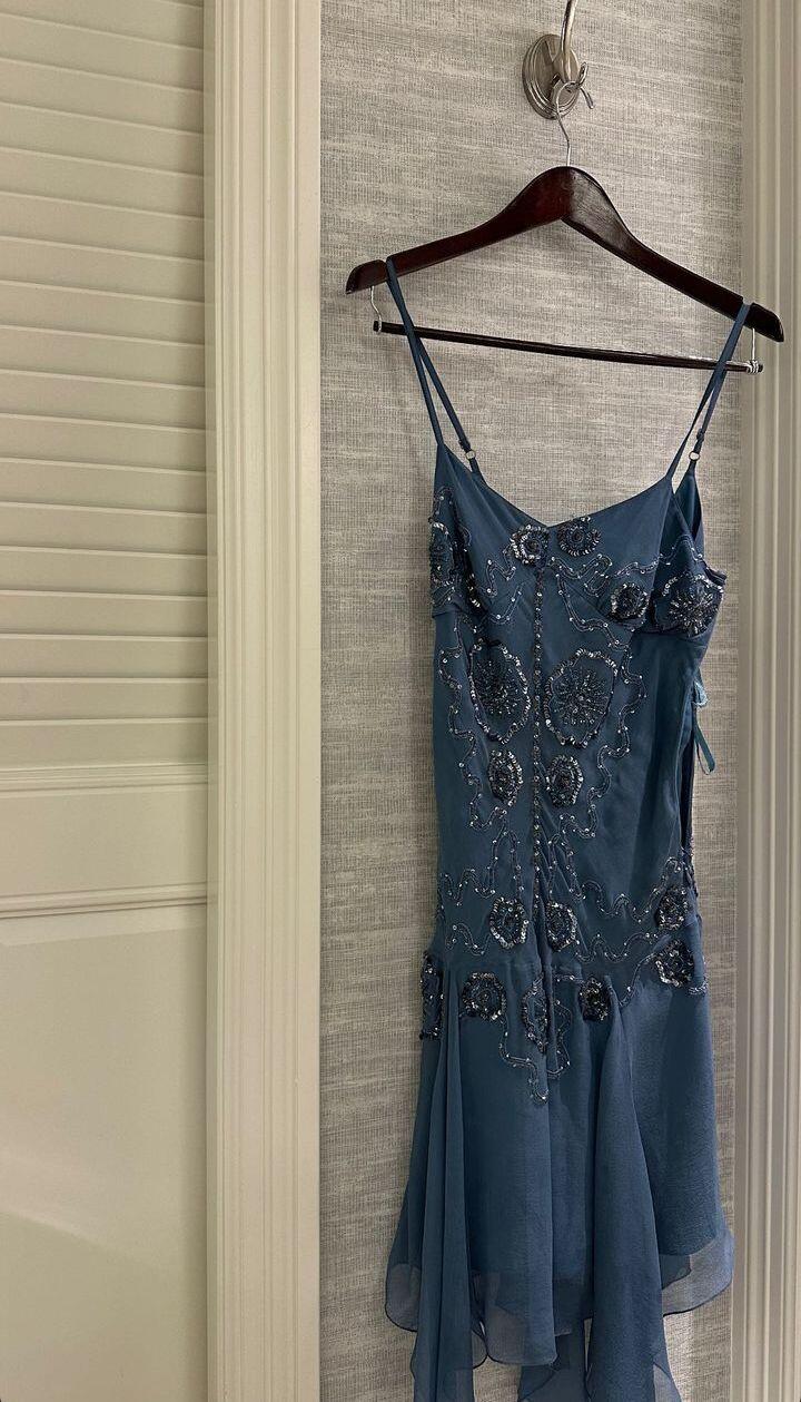 Retro Navy Blue Satin Tulle Sequin Beaded Short 8th Grade Homecoming Dress,Spaghetti Straps V Neck Mini Cocktail Dress D3497