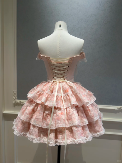 Charming Pink Lace Beaded Layered A Line Short Homecoming Dress Formal 16th Birthday Outfits D2955