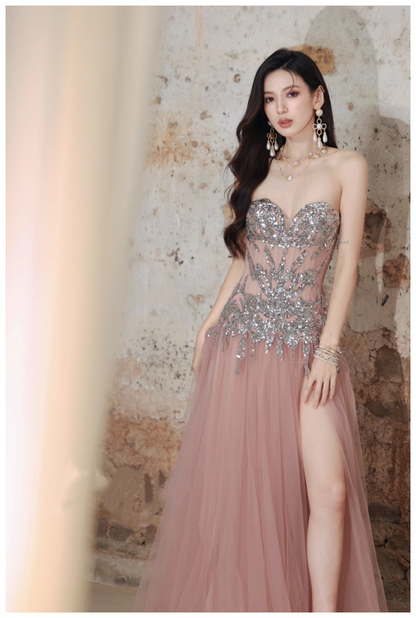 Pretty Pink Sweetheart Neck Tulle Sequin A Line Slit Long Evening Dress Party Gown D2408