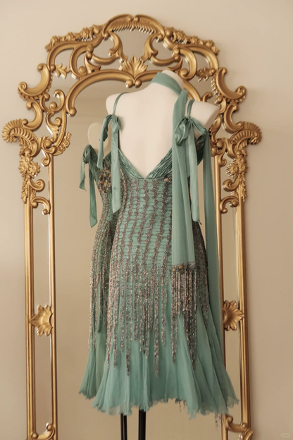 Classy Mint Green Chiffon Beaded Tassel Mermaid Long Party Dress,Spaghetti Straps V Neck Prom Gown With Scarf D2768