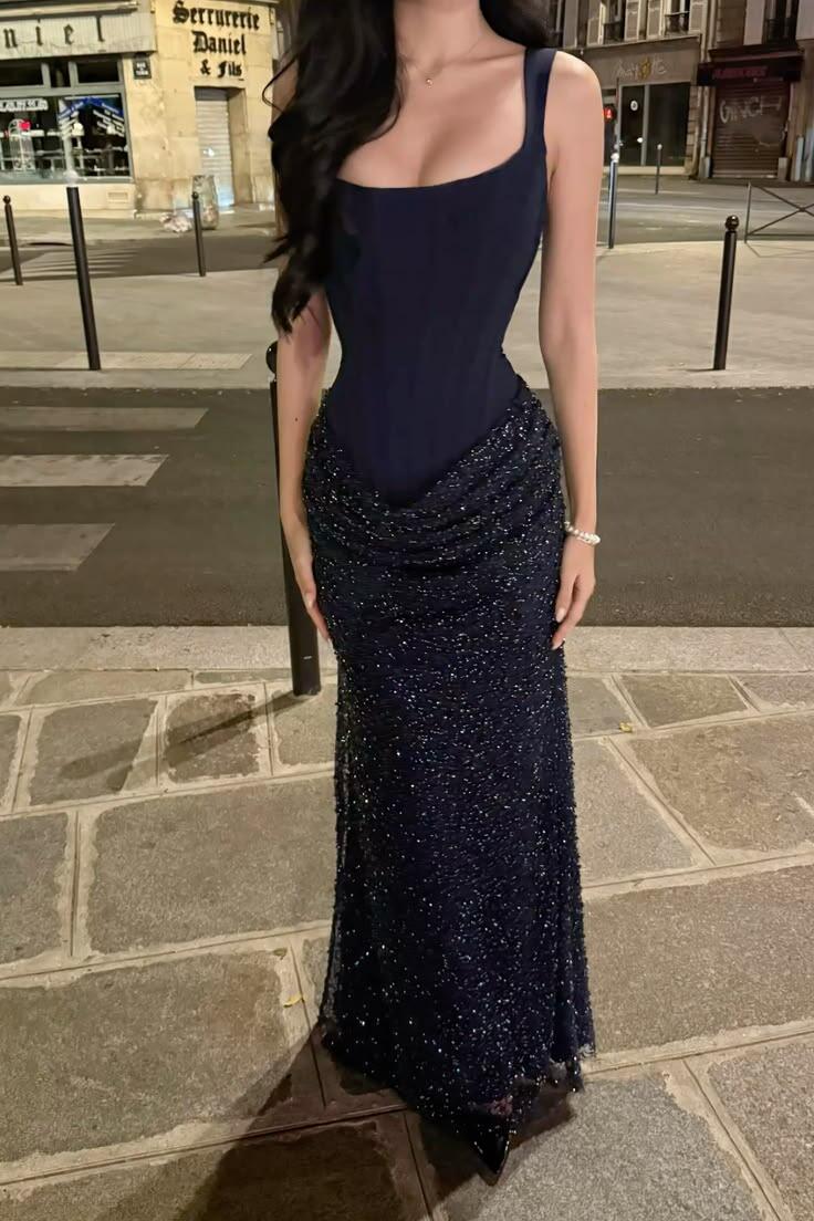 Charming Spaghetti Straps Satin Sequin Navy Blue Mermaid Long Evening Dress Prom Dress D5304