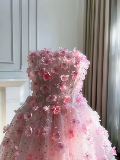 Pretty Pink Strapless Tulle Sequin Floral A Line Short Graduation Homecoming Dress Mini Birthday Outfits D2940