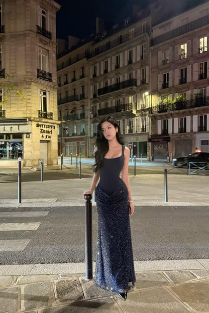 Charming Spaghetti Straps Satin Sequin Navy Blue Mermaid Long Evening Dress Prom Dress D5304