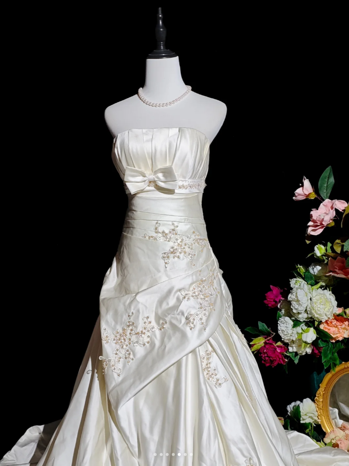 Charming Strapless Ivory Beaded Satin Pleated Mermaid Long Evening Dress Formal Birthday Prom Gowns D2366
