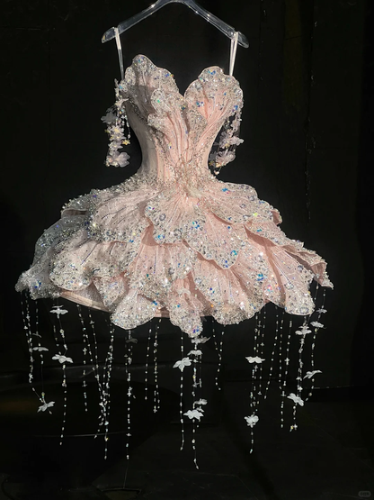 Glitter Pink Spaghetti Straps Tulle Sequin Beaded A Line Short Homecoming Dress Birthday Outfits D3060