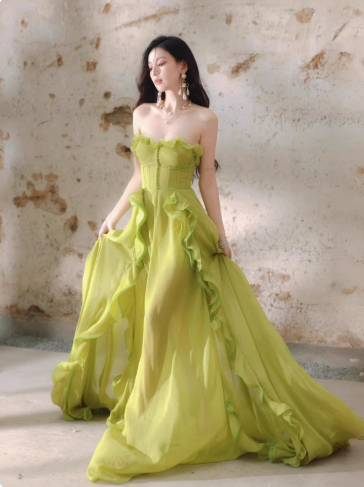 Pretty Green Strapless Chiffon Ruffled Long Evening Dress Birthday Dress D2402