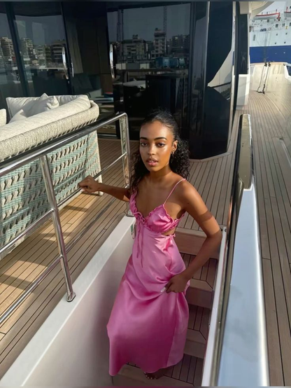 Sexy Spaghetti Straps Satin Long Wedding Guest Dress,Hot Pink Backless Long Party Dress D3486
