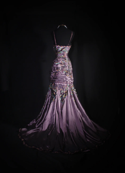 Charming Spaghetti Straps Satin Sequin Beaded Mermaid Evening Dress,Purple Long Party Dress Prom Gown D2009