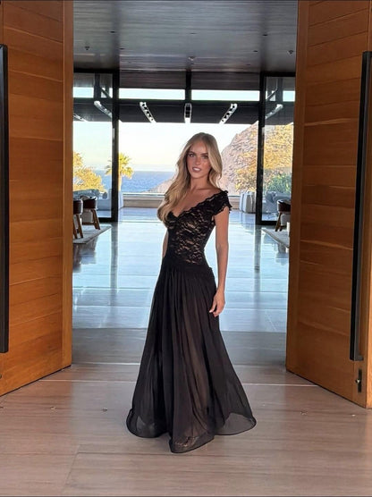 Sexy V Neck Lace Chiffon Evening Dress Black Long Party Gowns D5307