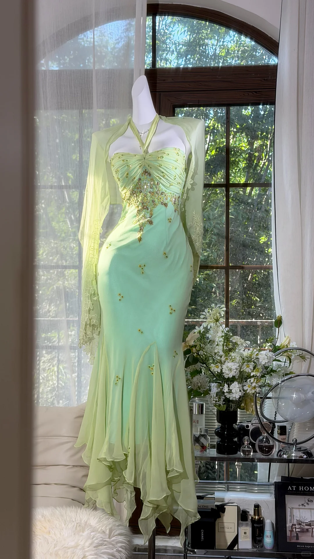 Elegant Halter Light Green Chiffon Beaded Mermaid Long Party Dress Prom Gown D2934