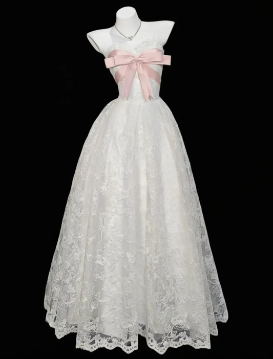 Cute Sweetheart Neck Ball Gown White Satin Lace Formal Birthday Party Dress With Bow D2336