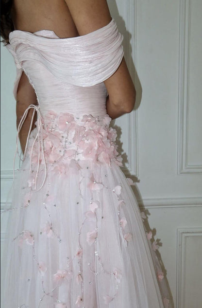 Pretty Pink Off The Shoulder Tulle Appliques Mermaid Long Party Dress Evening Gowns D5132