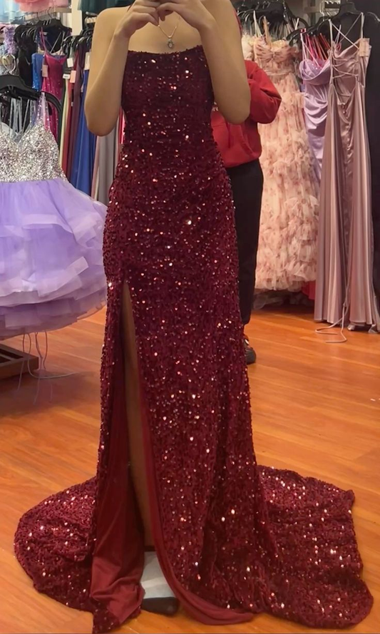 Sparkly Burgundy Sequin Mermaid Evening Dress Slit Long Party Dress Prom Gown D1594