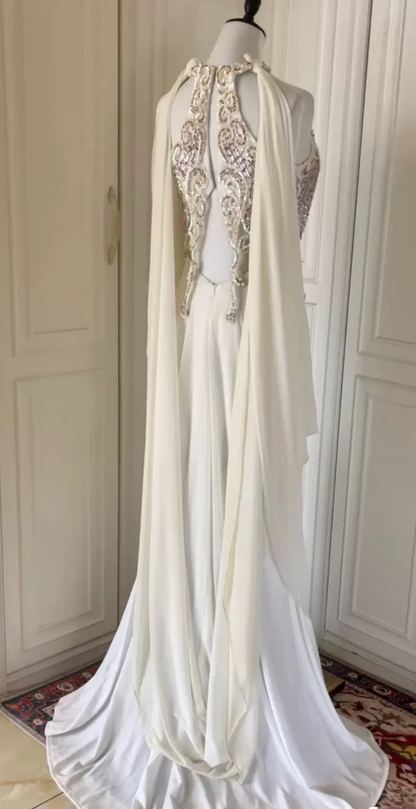Classy Sleeveless White Sequin Beaded Satin Chiffon Mermaid Long Prom Dress Evening Dress D3104