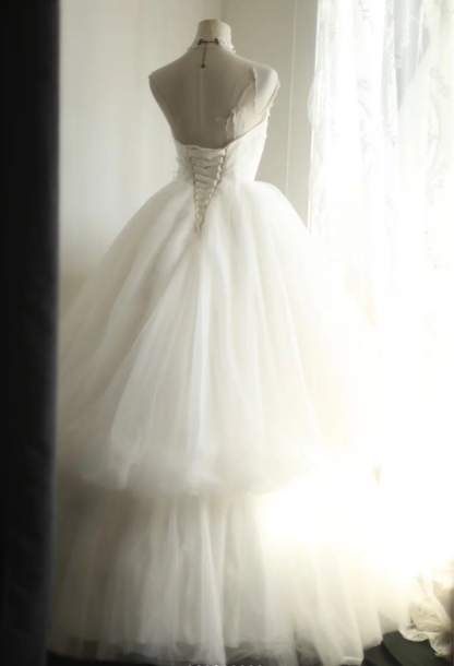 Fairy Strapless Tulle Appliqued Ball Gown White Long Wedding Dress D2323