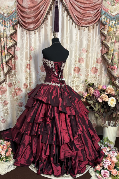 Charming Burgundy Ball Gown Strapless Beaded Appliques Satin Layered Birthday Quinceanera Dress D2192