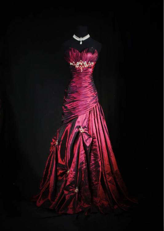 Retro Burgundy Strapless Satin Pleated Mermaid Long Party Dress Birthday Dress With Beads D2234