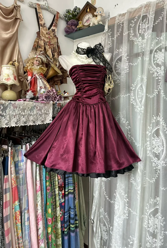 Vintage Burgundy Strapless Satin Pleated A Line Short Graduation Homecoming Dress Cocktail Dress D3196