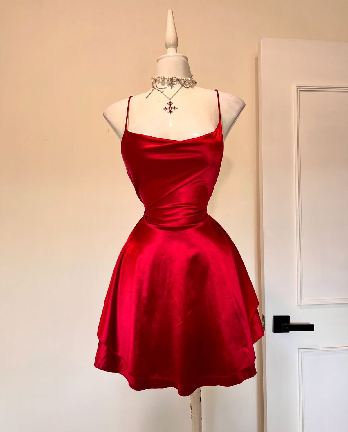 Simple Red Spaghetti Straps Satin A Line Short Cocktail Dress Homecoming Dress S811