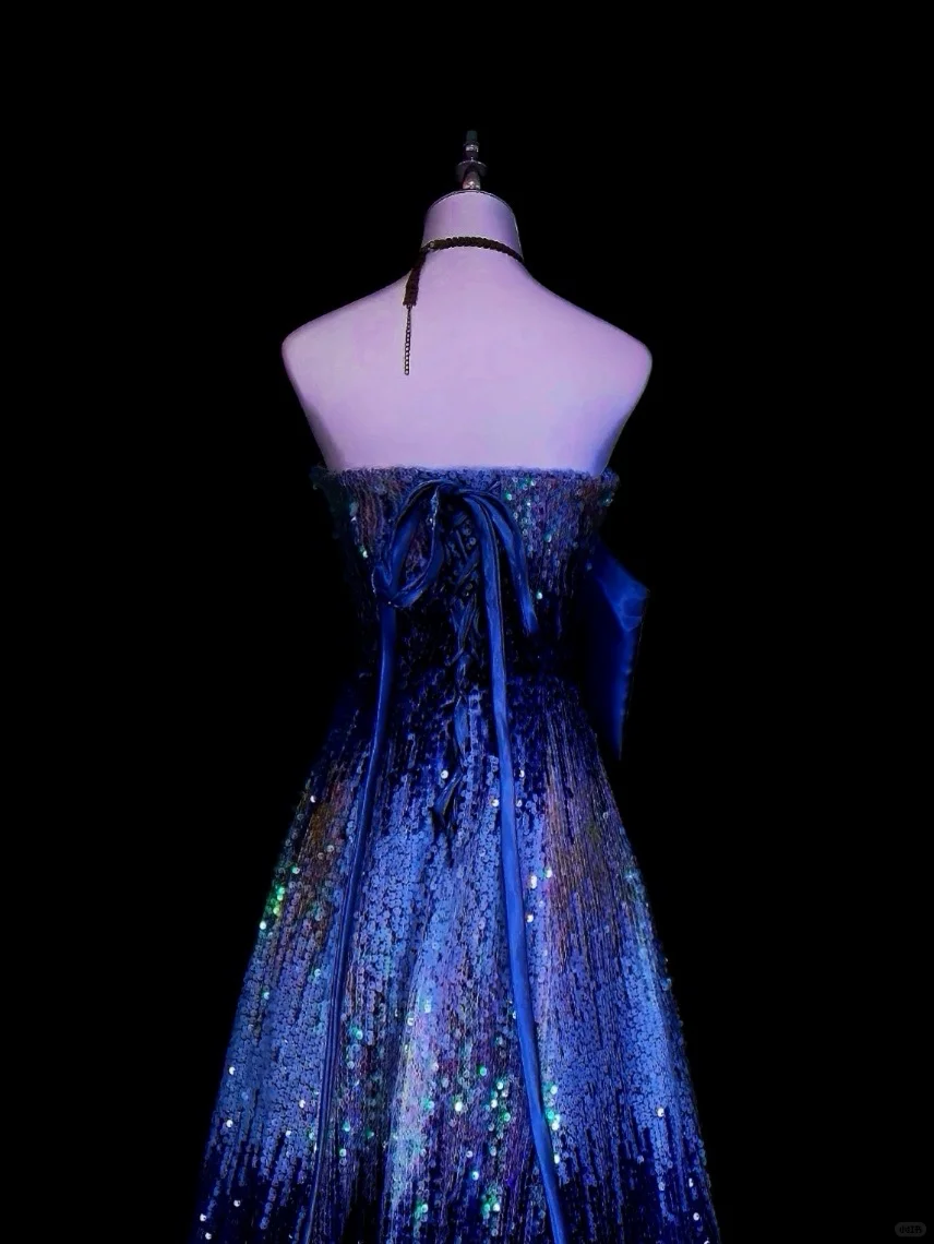 Unique Strapless Blue Sequin Long Party Dress Evening Dress D5375