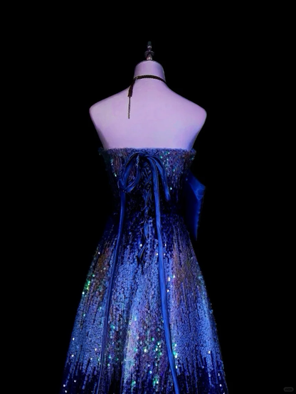 Unique Strapless Blue Sequin Long Party Dress Evening Dress D5375