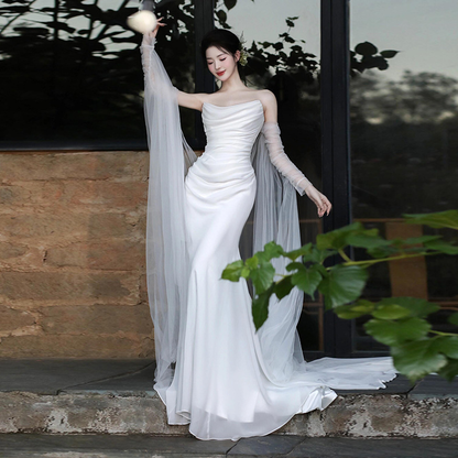 Elegant Mermaid Off The Shoulder White Wedding Dresses With Train Bridal Gowns SD1384