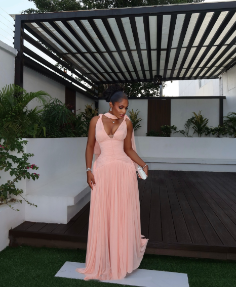 Stylish Pink Chiffon Pleated A Line Long Wedding Guest Dress Evening Dress With Ribbon D1363