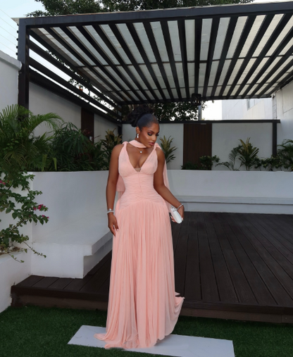 Stylish Pink Chiffon Pleated A Line Long Wedding Guest Dress Evening Dress With Ribbon D1363