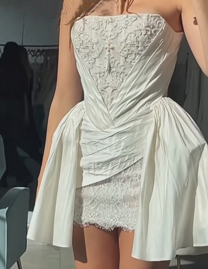 Elegant White Lace Satin Beaded Short Graduation Homecoming Dress,Strapless Mini 18th Birthday Outfits D3931