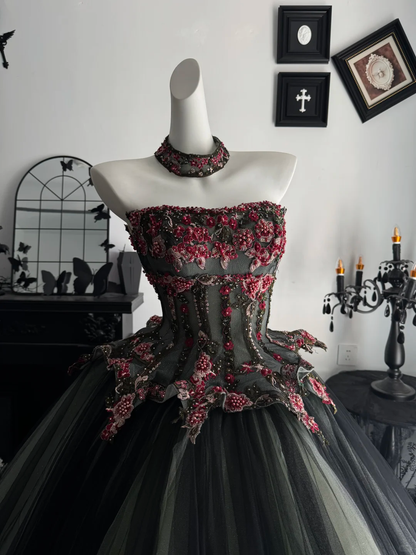Vintage Black And Green Tulle Appliques Beaded Long Quinceanera Dress Strapless Sweet 15 Dress D4716