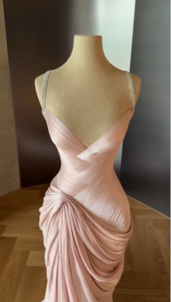 Elegant Pink Spaghetti Straps Satin Pleated Mermaid Long Party Dress Evening Dress D2978