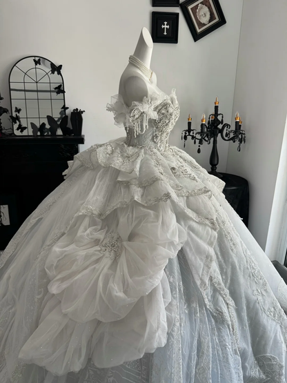 Gorgeous White Tulle Lace Beaded Long Wedding Dress,Off The Shoulder Bridal Dress D3698