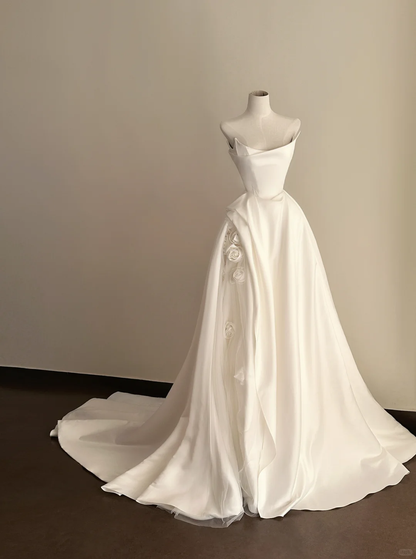 Pretty White Strapless Satin Long Wedding Dress Bridal Gowns D3086