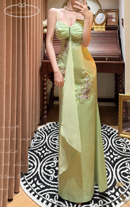 Classy Spaghetti Straps Green Satin Beaded Mermaid Long Wedding Guest Dress Formal Birthday Party Dress D2051