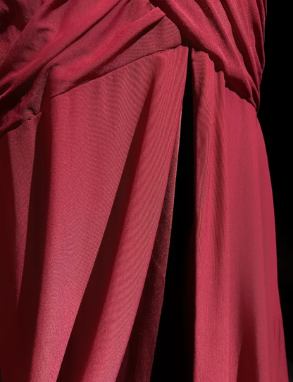 Classy Spaghetti Straps Burgundy Satin Pleated Mermaid Long Party Evening Dress D1991