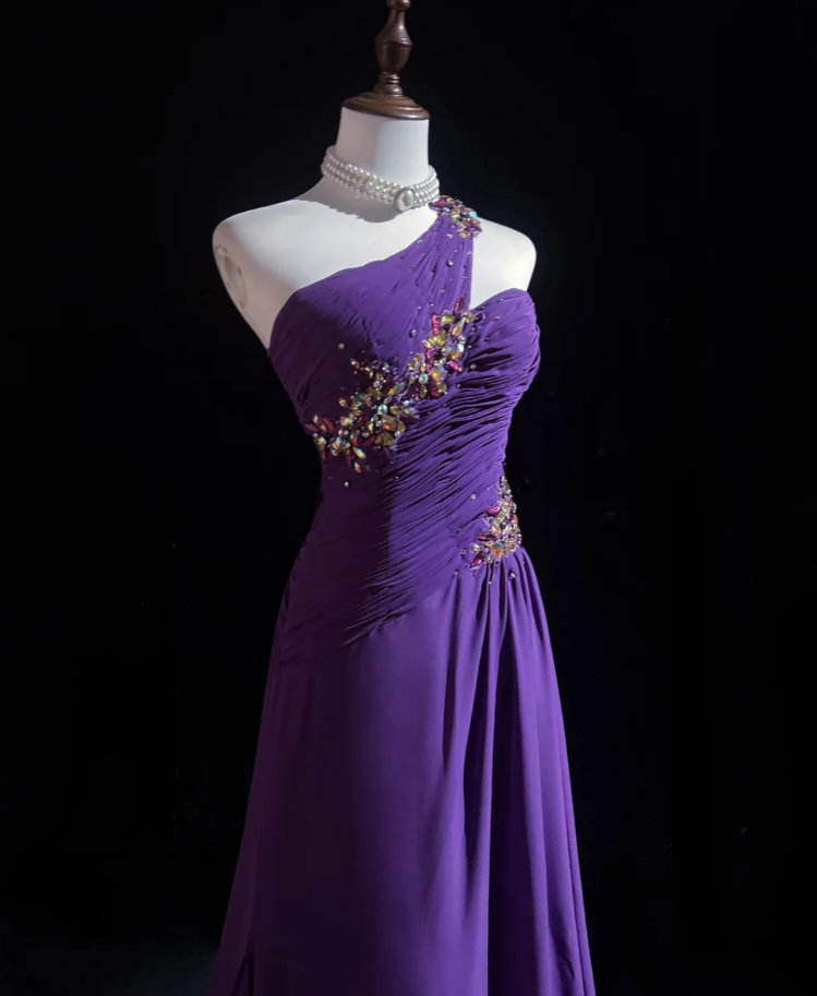 Classy One Shoulder Chiffon Pleated Beaded Mermaid Long Evening Dress Party Gown,Purple Formal Wedding Guest Dress D2060